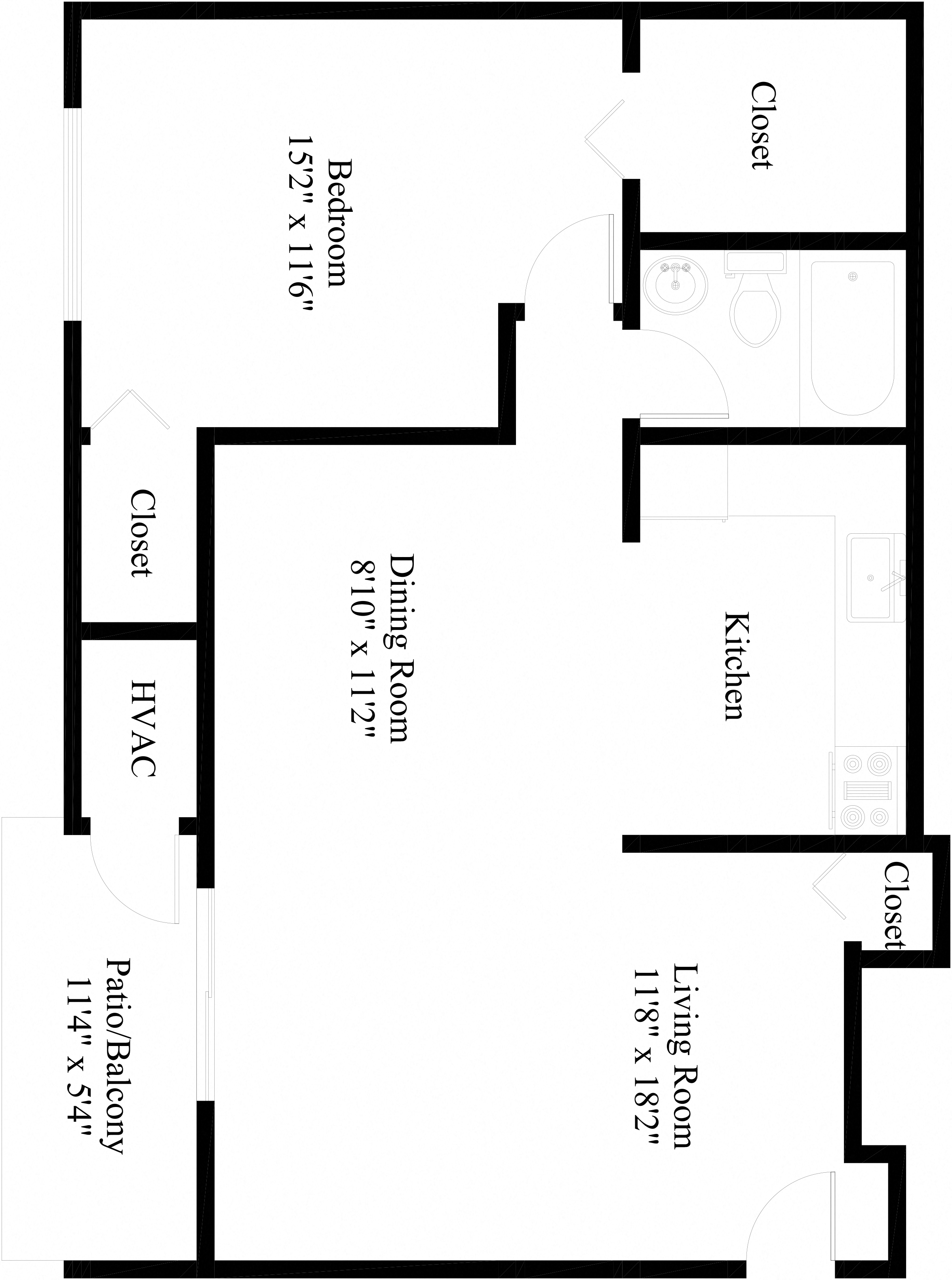 Floor plan for 1 bed, 1 bath, 675 sqft
